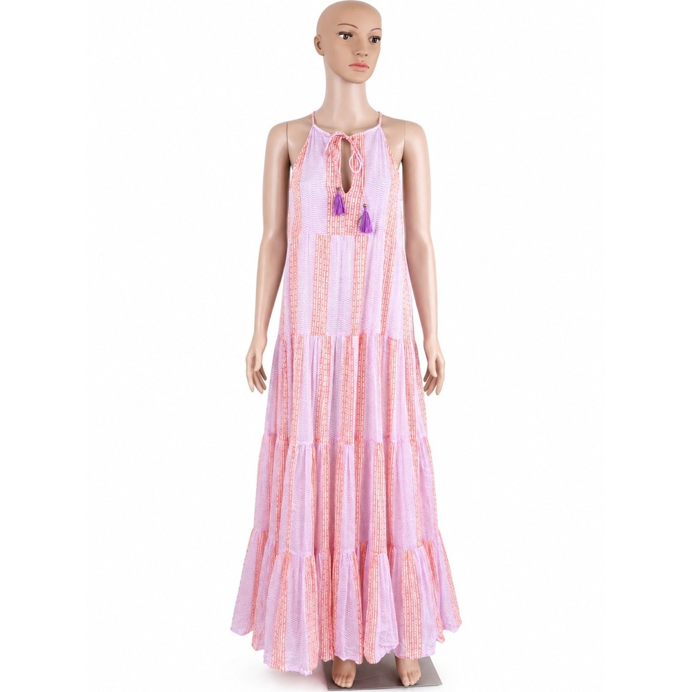 Oliphant Tiered Maxi Dress M Pink Orange Cotton Boho Tassel Halter Resort